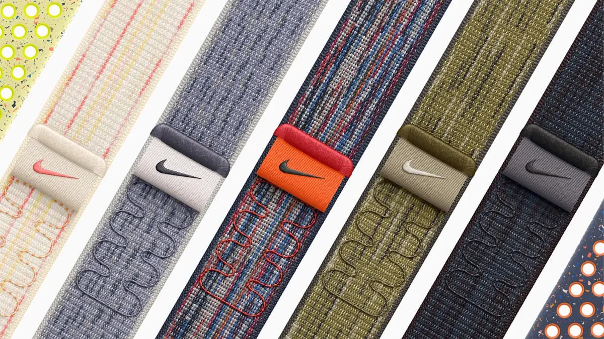 Close-up of colorful Nike Sport Loop and Sport Band options for Apple Watch