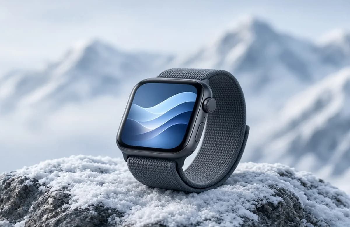 Apple Watch with a dark sport loop on a snowy mountain ridge