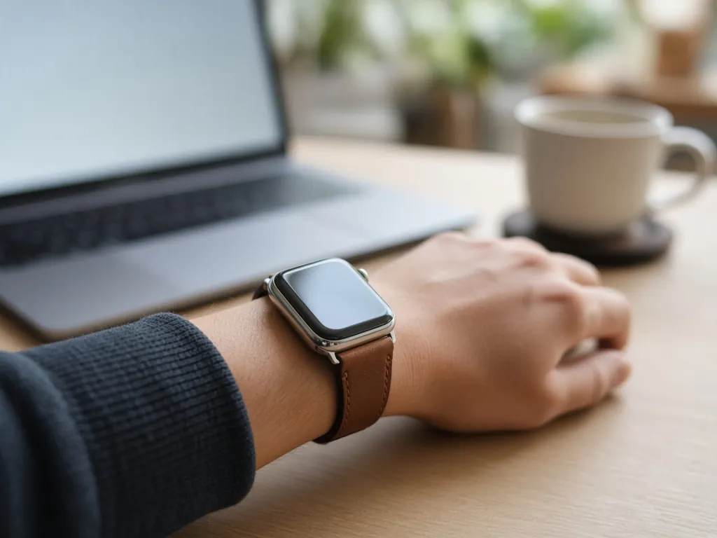 Apple Watch with a leather band beside a laptop and coffee