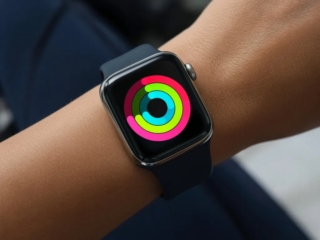 Apple Watch on a wrist showing colorful activity rings