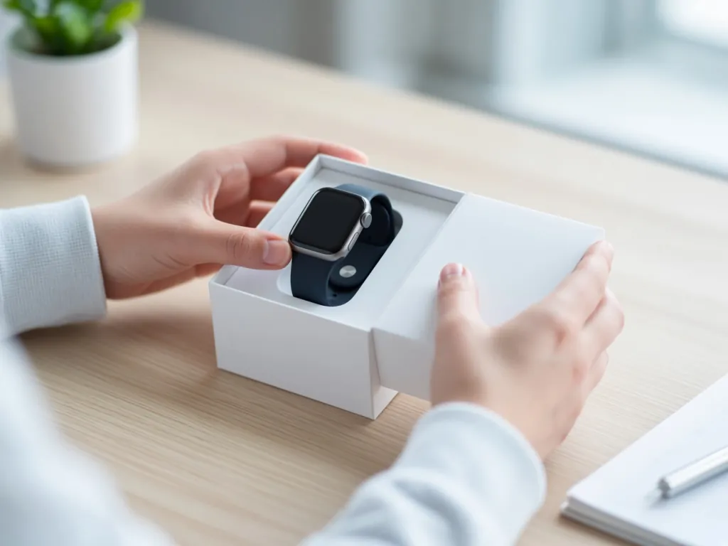 Hands unboxing a new Apple Watch on a light wood desk