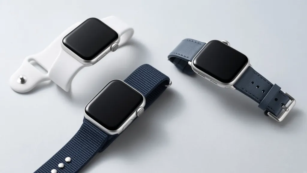 Flat lay of three Apple Watches with different bands