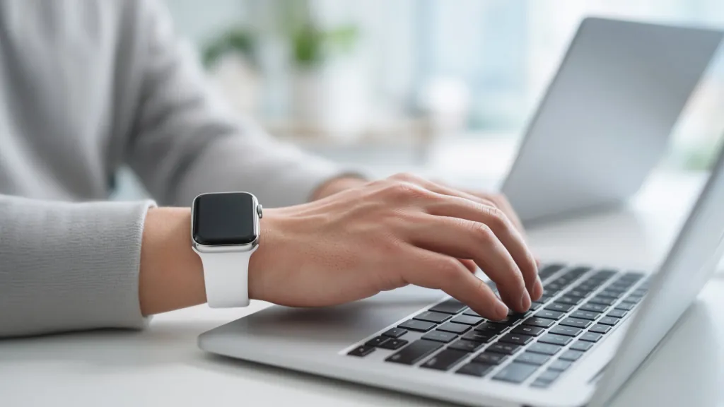 Person wearing an Apple Watch while typing on a laptop