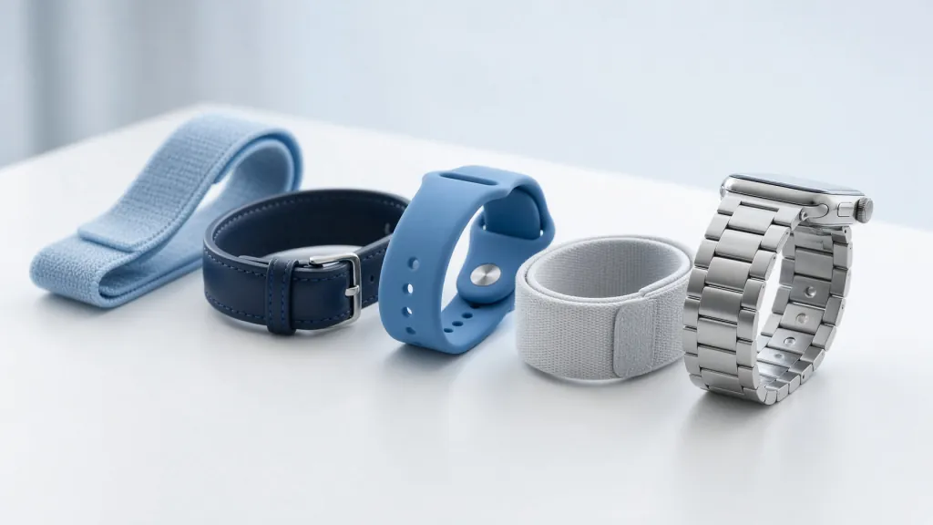 Row of colorful Apple Watch bands arranged on white