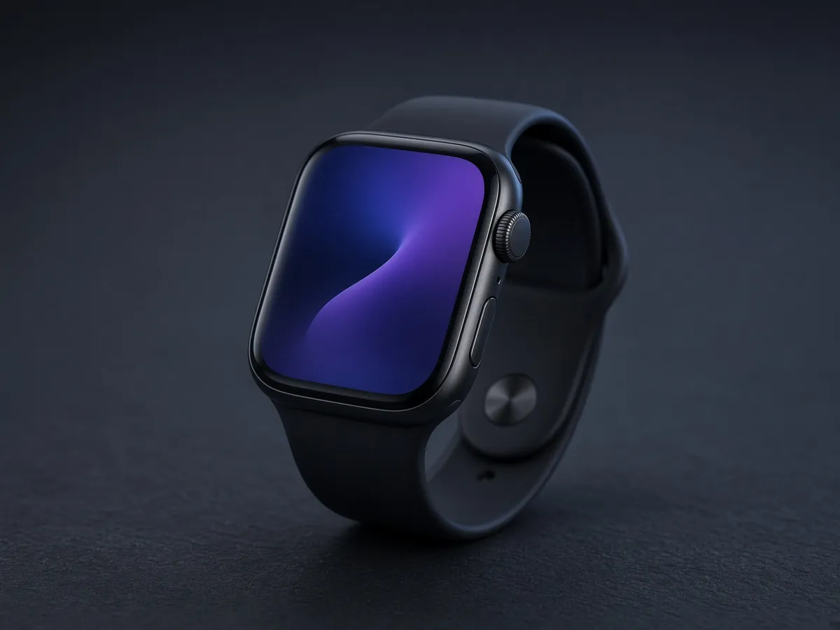 Apple Watch with a deep navy and violet wallpaper on a black sport band