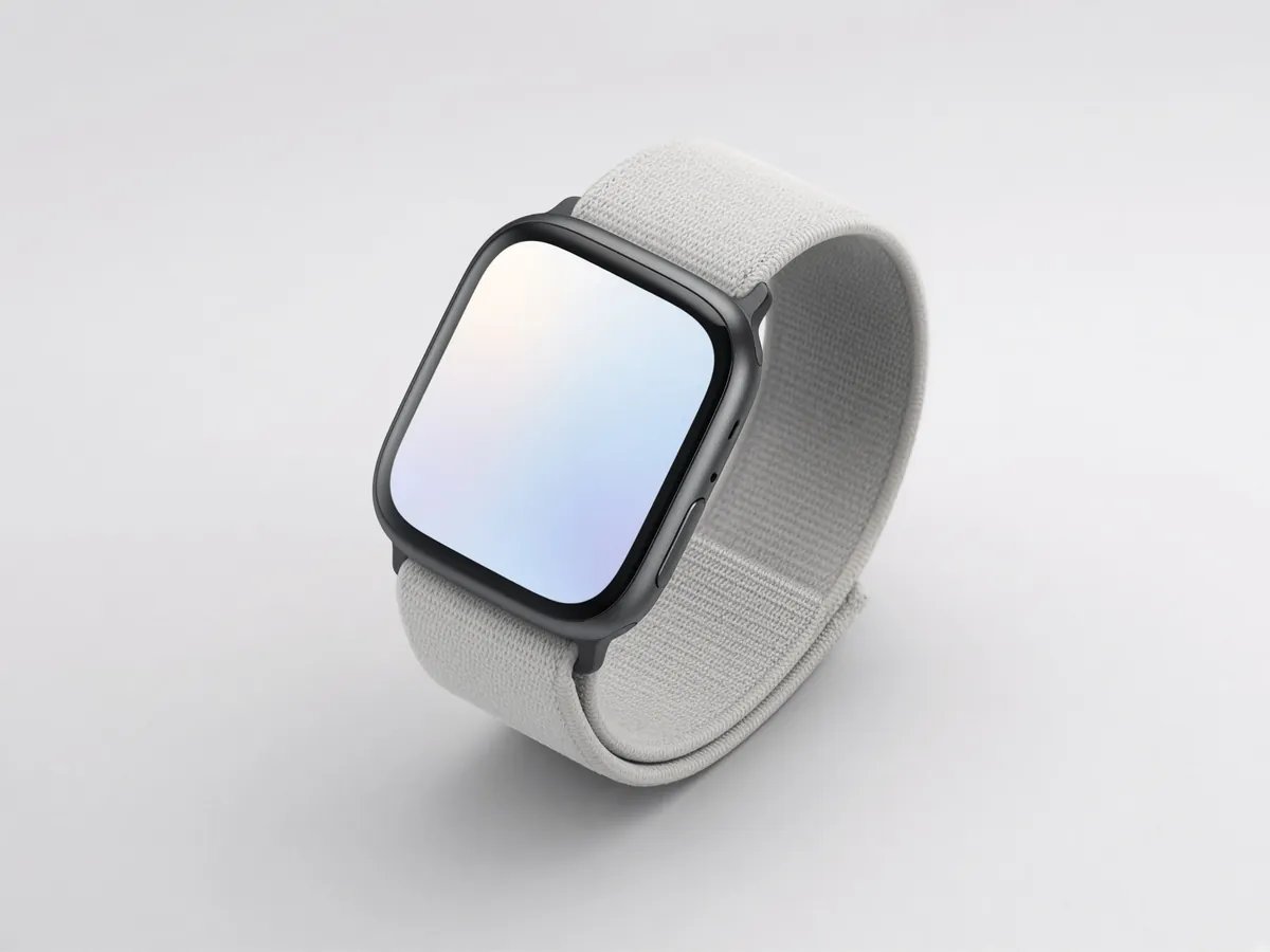 Apple Watch with a pale ice-blue wallpaper on a stone-gray sport loop