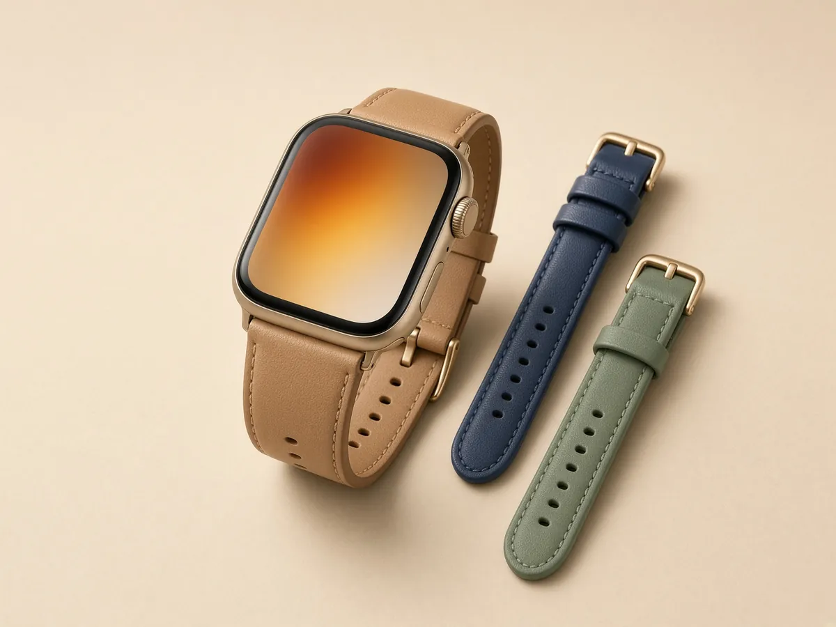 Apple Watch with a warm amber wallpaper on a tan leather band beside navy and sage bands